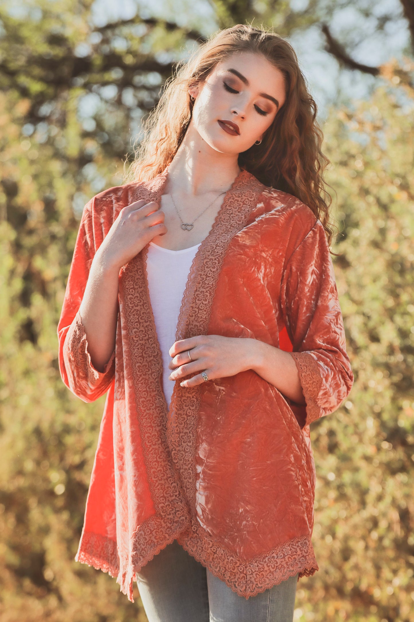 Peach Crushed Velvet Duster with French Guipure Lace