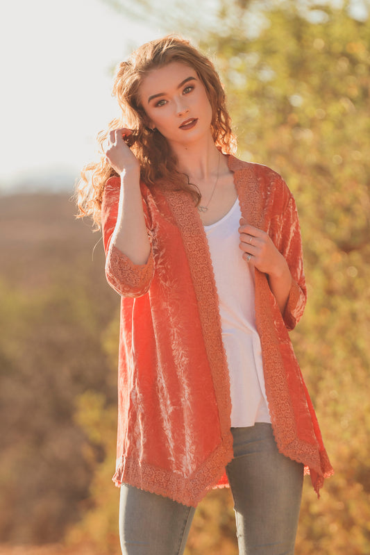 Peach Crushed Velvet Duster with French Guipure Lace