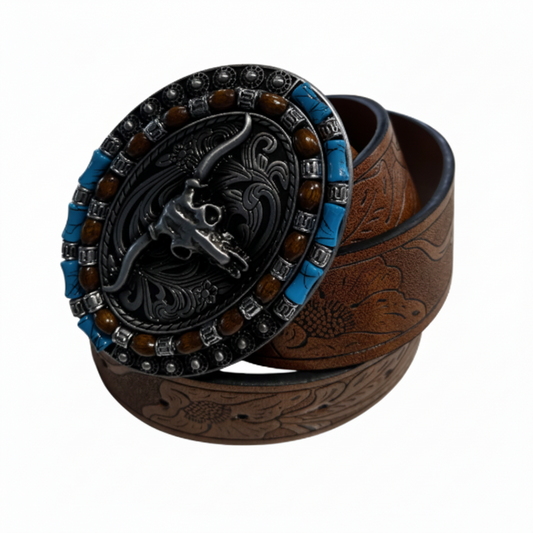 Longhorn buckle with blue stones and brown belt