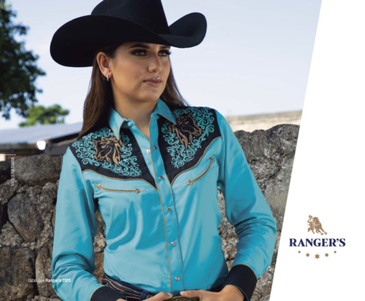 Rangers 073DA01 Womens Floral Embroidery Vaquera Western Shirt Turquoise