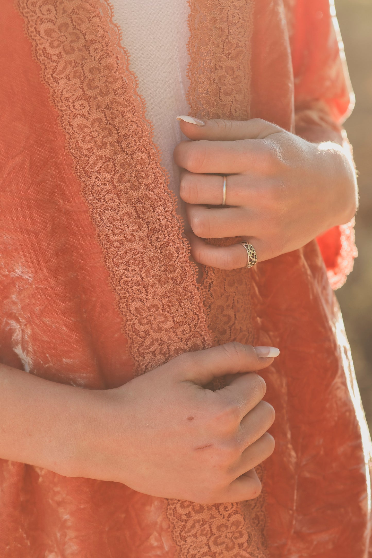 Peach Crushed Velvet Duster with French Guipure Lace