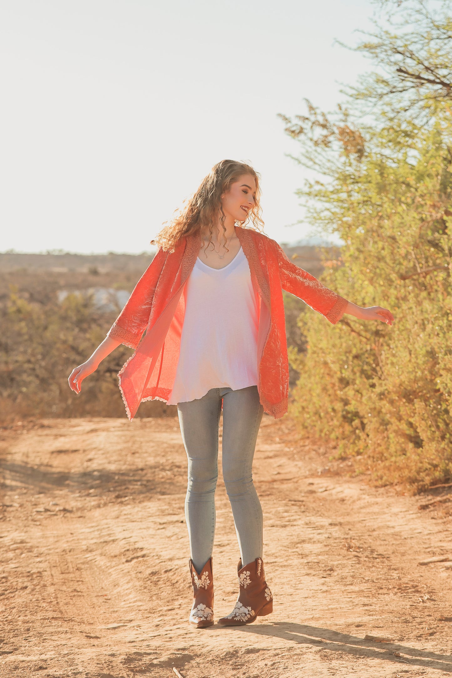 Peach Crushed Velvet Duster with French Guipure Lace