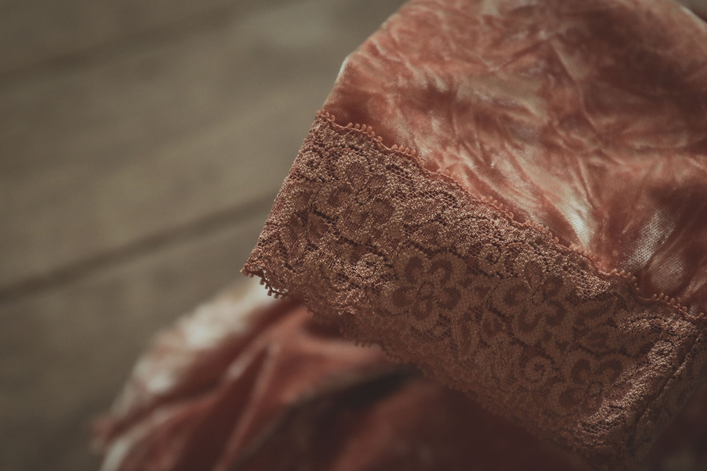 Peach Crushed Velvet Duster with French Guipure Lace