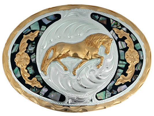 FR-705 Galloping Horse & Abalone German Silver Belt Buckle